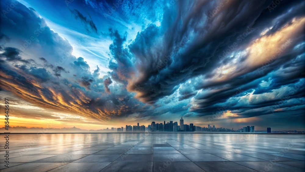 Obraz premium Dramatic panoramic horizon scene with dark floor background, featuring a breathtaking scenic skyline with vibrant, swirling clouds against a captivating, intense blue atmosphere.