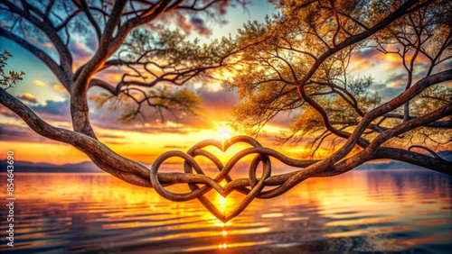 A serene scenery of intertwined tree branches symbolizing strong bond and eternal love, set against a warm sunset with soft focus effect.