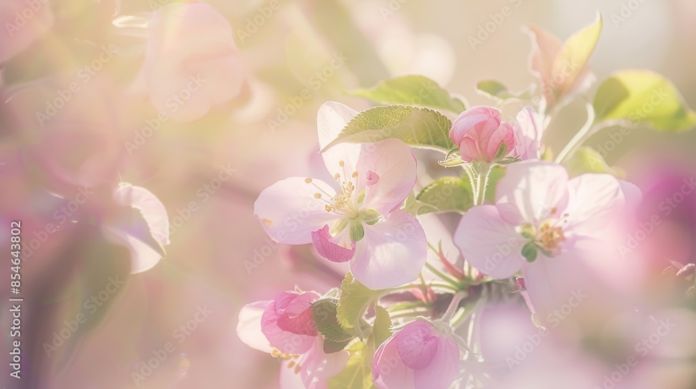 Close-up of apple blossoms on branch, soft morning light, blurred orchard background Close-up of apple blossoms on branch, soft morning light, blurred orchard background