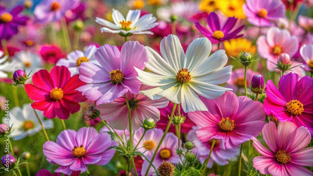 Vibrant cosmos flowers in varied colors densely packed together, creating a stunning natural floral pattern that fully occupies the frame, evoking a sense of beauty. Vibrant cosmos flowers in varied colors densely packed together, creating a stunning natural floral pattern that fully occupies the frame, evoking a sense of beauty.