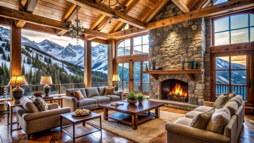 Warm and inviting mountain lodge interior with wooden beams, stone fireplace, and rustic furnishings, surrounded by snow-covered alpine village scenery. photo