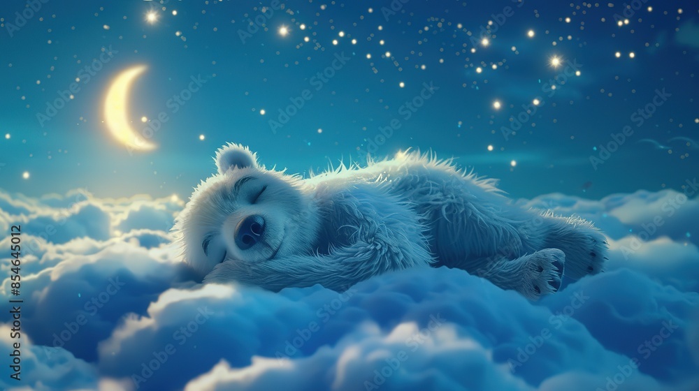 Fluffy White Bear Sleeping on Cloud under Starry Sky with Crescent Moon ...
