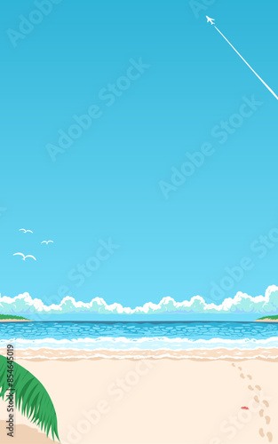 海と砂浜のシティポップ風・縦長ベクターイラスト