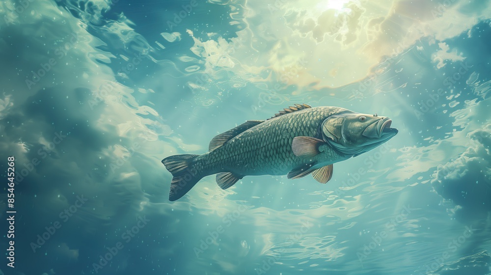 Fototapeta premium A giant fish swimming through the sky, blending elements of sea and sky