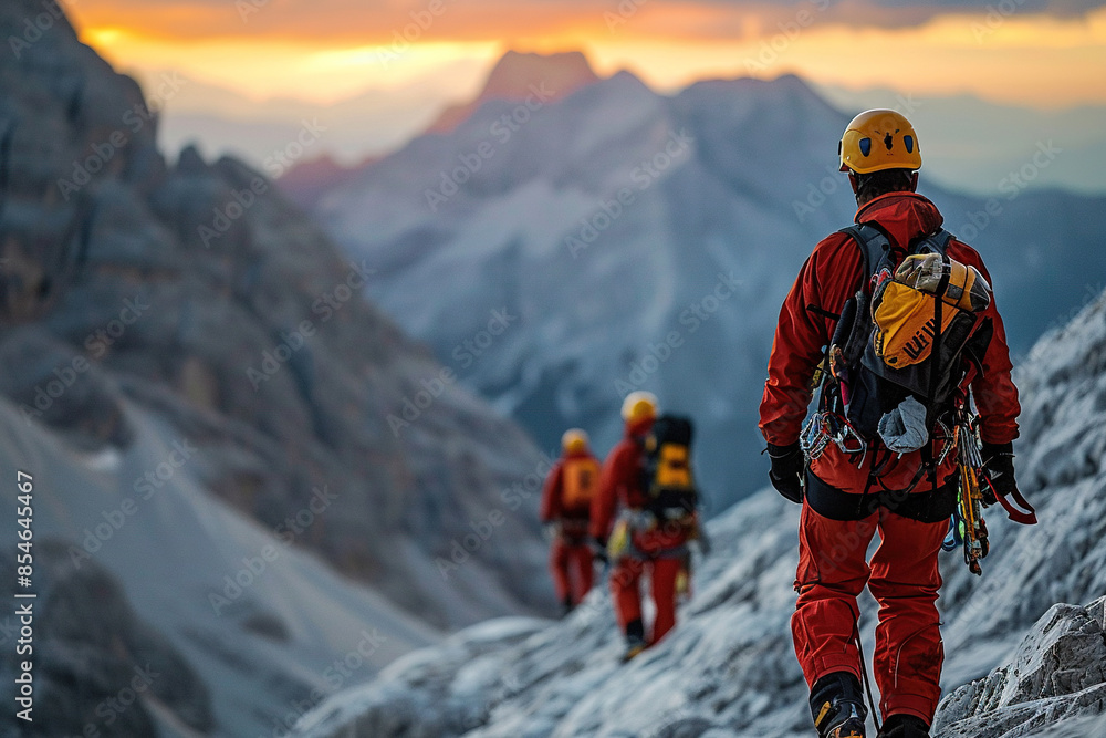 A group of rescuers in the mountains in winter. Generated by artificial intelligence A group of rescuers in the mountains in winter. Generated by artificial intelligence