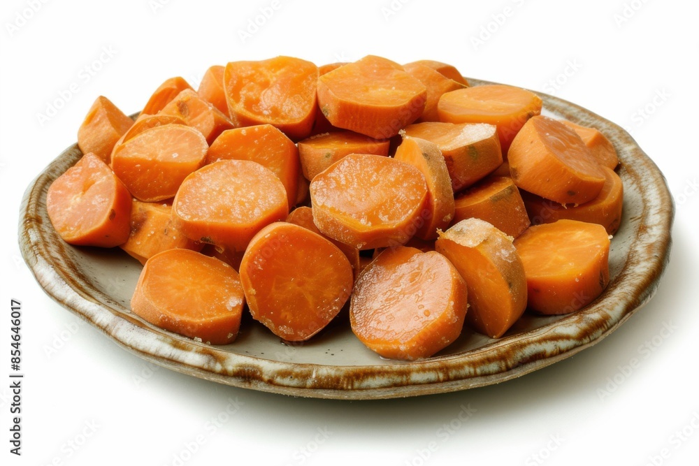 A plate of sliced carrots on a white background. The potatoes look beautiful and ready to eat. A plate of sliced carrots on a white background. The potatoes look beautiful and ready to eat.