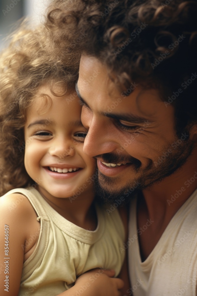 A happy father holds his little daughter close while smiling at her, showing their love and bond A happy father holds his little daughter close while smiling at her, showing their love and bond