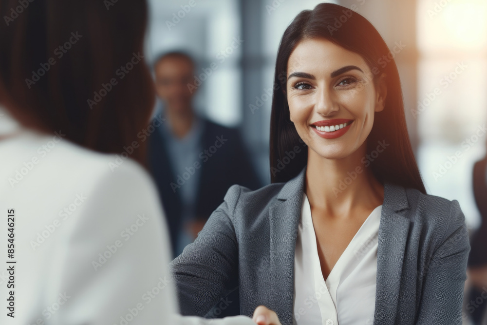 Two professional women in suits shaking hands, possibly sealing a deal or forming a partnership Two professional women in suits shaking hands, possibly sealing a deal or forming a partnership