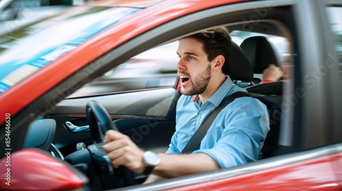 A man is driving a red car and yelling at the wheel photo
