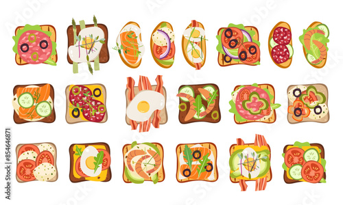 Set of toasts and sandwiches with different healthy ingredients. Slices of bread with eggs, avocado , salmon , vegetables olive . Flat vector illustration isolated on white