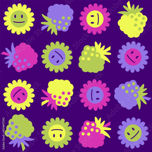 Retro style pattern with happy smile flowers and raspberries. Groovy print for pillow, blanket, textile and fabric. Hand drawn vector background.