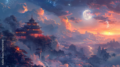 chinese traditional style painting of mountains, moon, clouds and ancient buildings, night light, chinese mid-autumn festival background