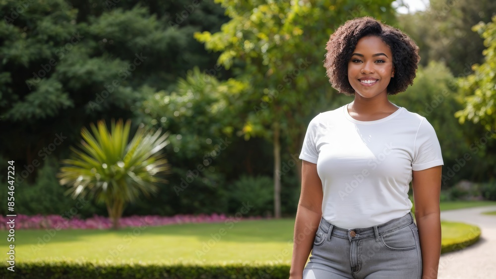 Plus size young black woman with short hair wearing white t-shirt and grey jeans standing in the garden Plus size young black woman with short hair wearing white t-shirt and grey jeans standing in the garden