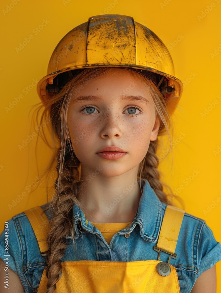 A young girl wearing a hard hat on a bright yellow background, ideal for construction or DIY theme images A young girl wearing a hard hat on a bright yellow background, ideal for construction or DIY theme images