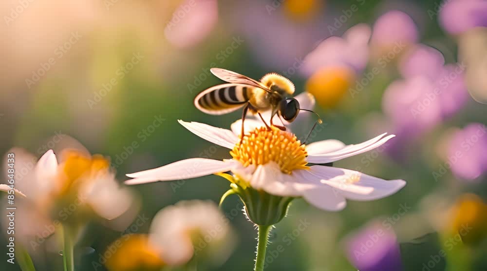 Honeybee in Flight: Pollination at a Wild Flower in Nature Honeybee in Flight: Pollination at a Wild Flower in Nature