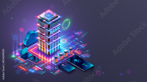 Online internet bank concept. Security system of online internet bank with multi-factor authentication. Protection access at bank account. Phone, card, icons of services next to bank building.