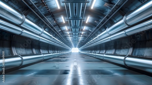 Empty underground corridor with drainage system and metal pipelines for transporting water and gas with electricity lines on ceiling © Lucky Ai