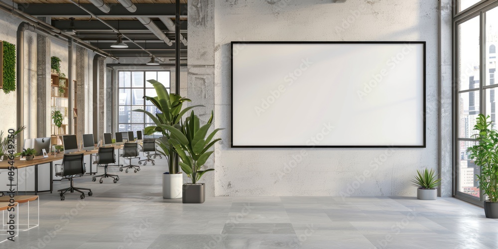 Fototapeta premium A mockup of a Large empty frame or blank white photo frame on the wall in a modern building office interior background, Mock-up banner design, and copy space.
