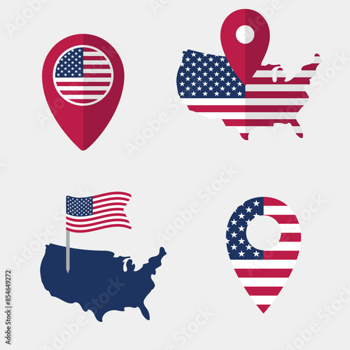 usa map pointer icons set, national flag of the United States of America