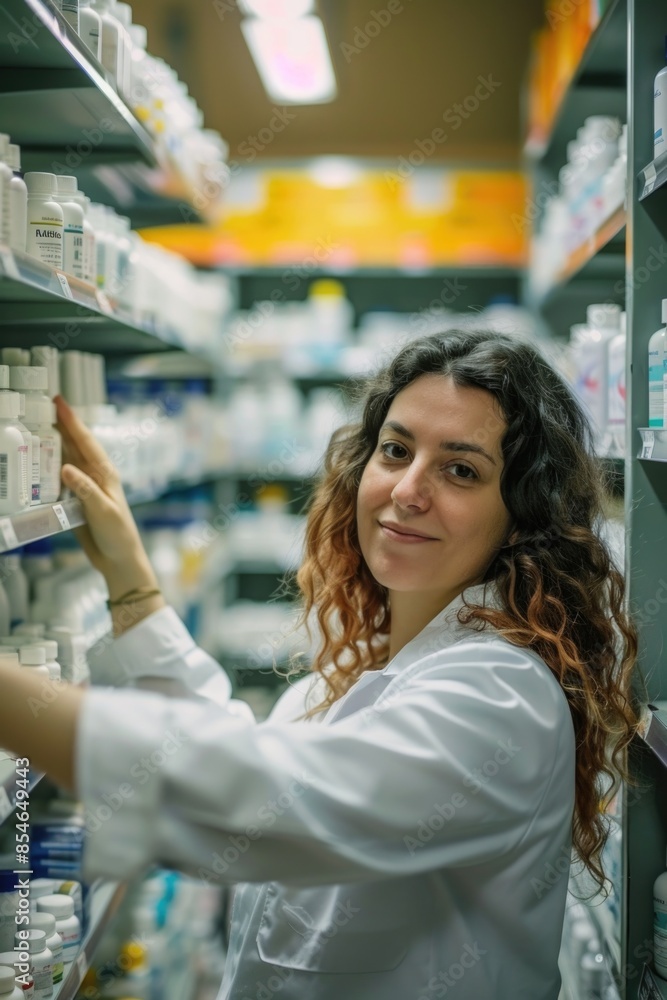 A woman browsing the shelves of a pharmacy store, looking for medications or health products A woman browsing the shelves of a pharmacy store, looking for medications or health products