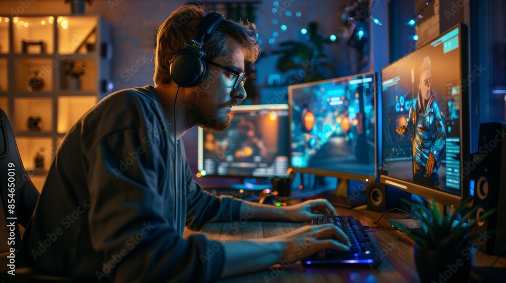 Photo of a young 3D designer creating a video game character or outfit. Work from home in the evenings on the computer and large digital screen with professional software interface for 3D Photo of a young 3D designer creating a video game character or outfit. Work from home in the evenings on the computer and large digital screen with professional software interface for 3D
