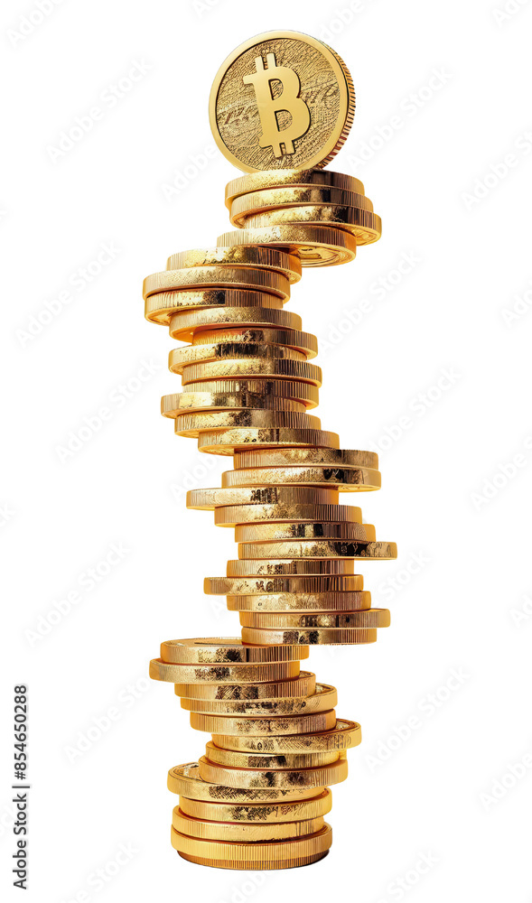 A tall stack of gold coins with a Bitcoin on top. The coins are stacked in a precarious tower, isolated on a white background. A tall stack of gold coins with a Bitcoin on top. The coins are stacked in a precarious tower, isolated on a white background.