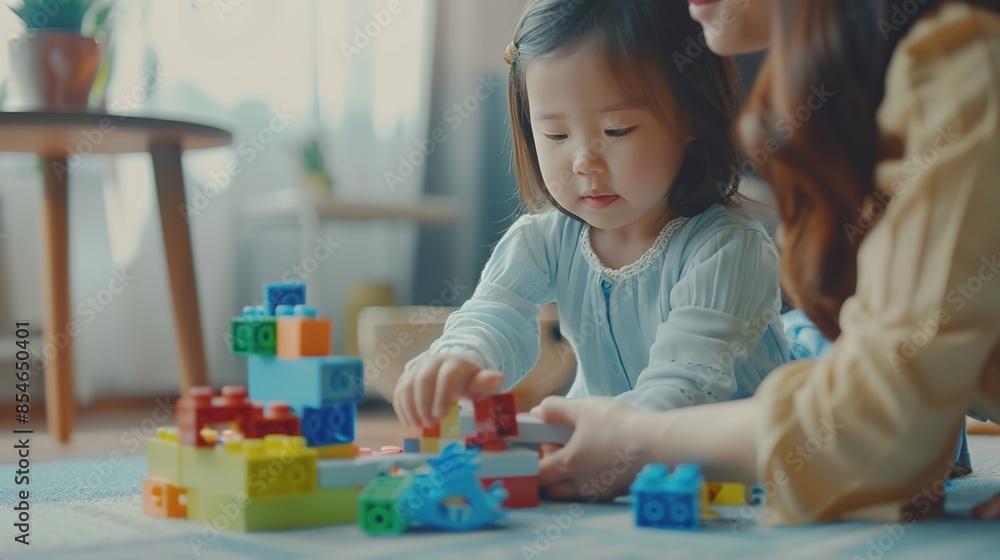 Mother and Daughter Playing with Building Blocks in Minimalist Decor Setting Mother and Daughter Playing with Building Blocks in Minimalist Decor Setting