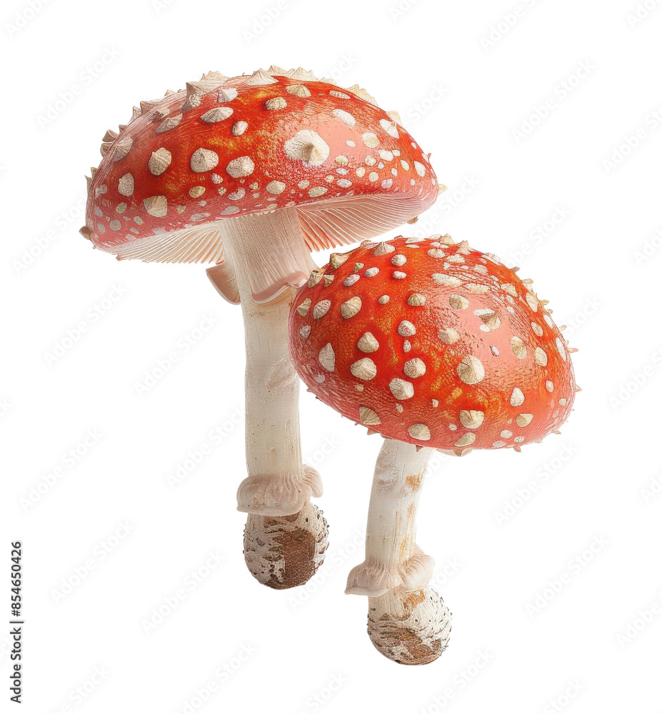 Two red and white spotted mushrooms with white stems isolated on a white background. Two red and white spotted mushrooms with white stems isolated on a white background.
