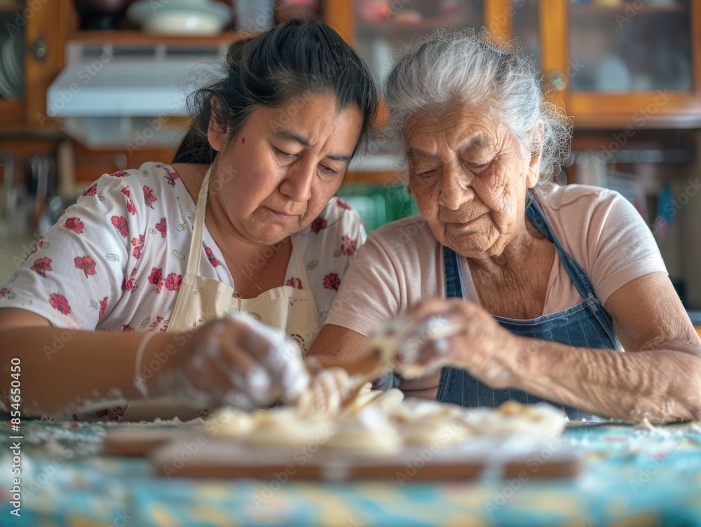 Two women of different ages preparing food in kitchen Two women of different ages preparing food in kitchen