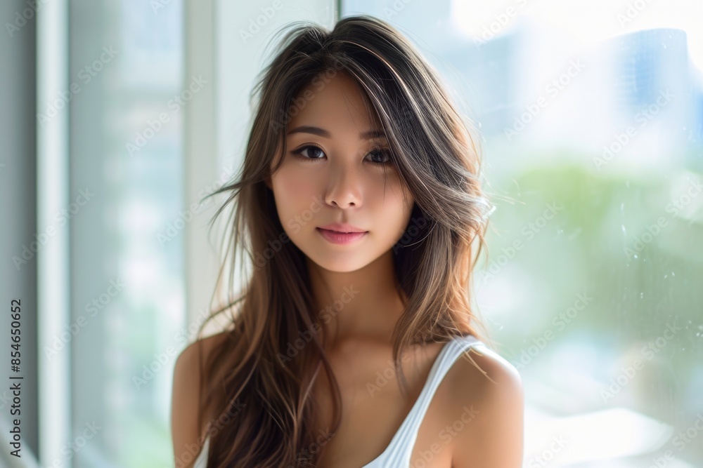 A young woman standing by an open window, looking outside A young woman standing by an open window, looking outside