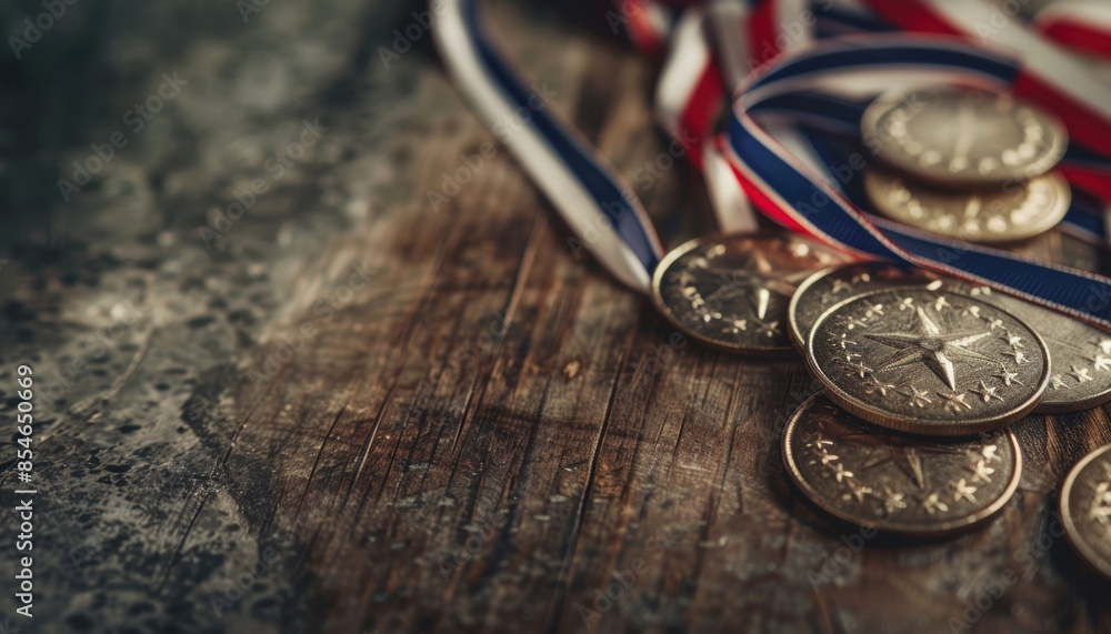 Close-up of gold medals with red, white, and blue ribbons on a wooden surface, representing achievements, awarded in a sports competition. Close-up of gold medals with red, white, and blue ribbons on a wooden surface, representing achievements, awarded in a sports competition.
