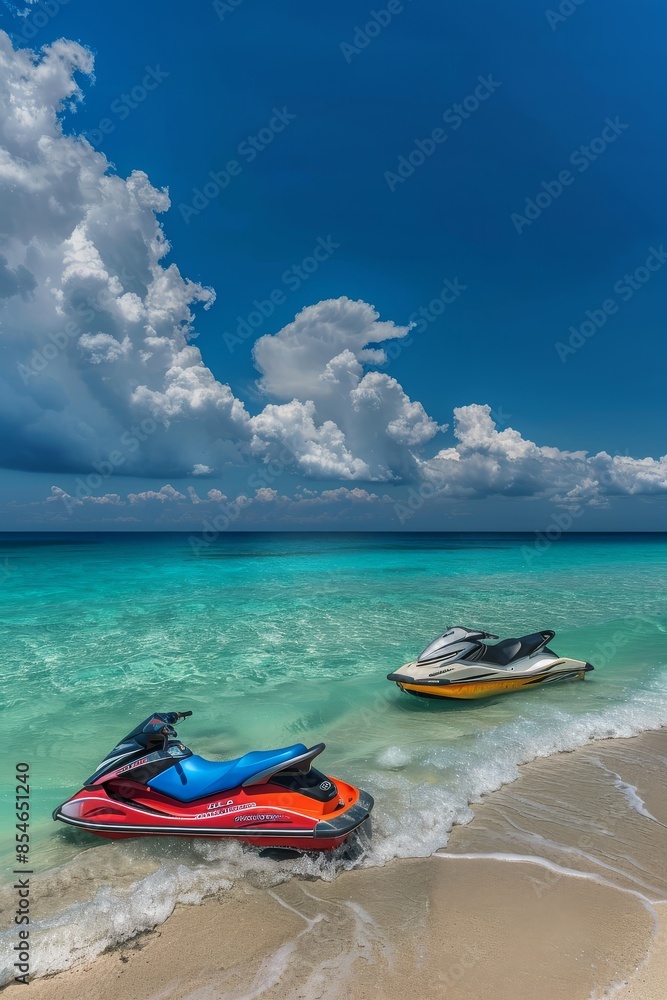 Jet Ski parked on a beautiful, peaceful beach. Jet Ski parked on a beautiful, peaceful beach.