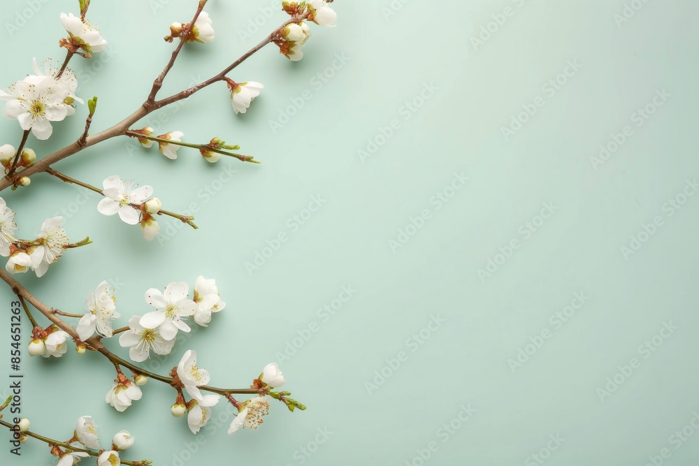 Elegant image of cherry blossom branches against a light blue background, symbolizing the beauty of spring. Perfect for nature, floral, and seasonal-themed projects. Flat Lay. Top View. Copy Space Elegant image of cherry blossom branches against a light blue background, symbolizing the beauty of spring. Perfect for nature, floral, and seasonal-themed projects. Flat Lay. Top View. Copy Space