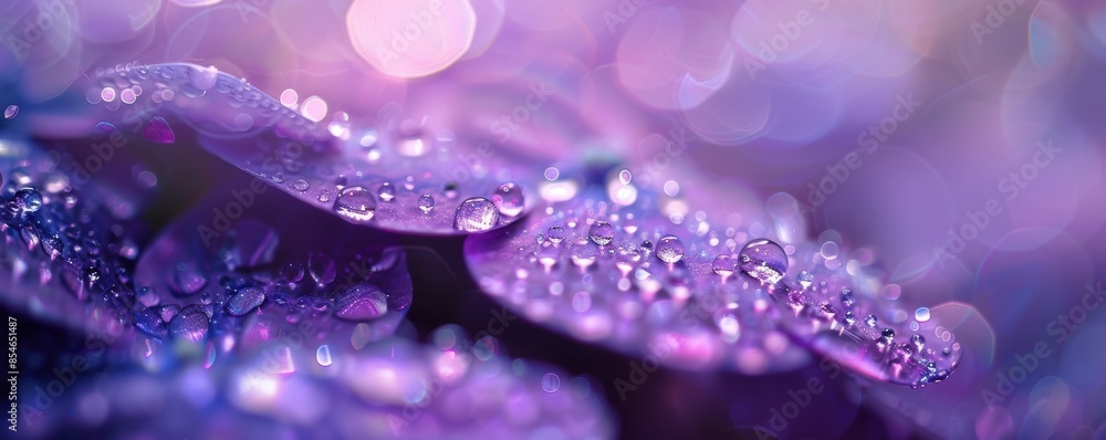 Close-up of purple petals covered in water droplets, creating a dreamy and serene scene with soft, blurred background.