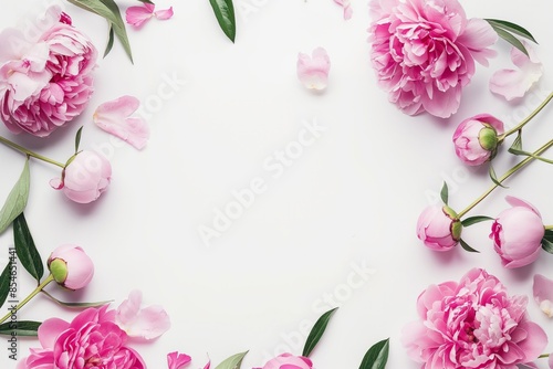 Beautiful arrangement of pink peonies on a white background, showcasing floral elegance and simplicity. Perfect for floral, nature, and decoration-themed projects.
 Flat Lay. Top View. Copy Space