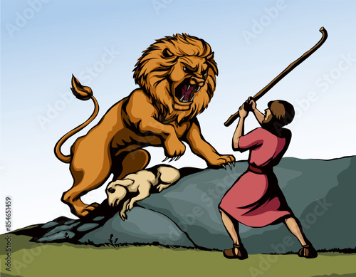 Vector drawing. An angry lion steal sheep
