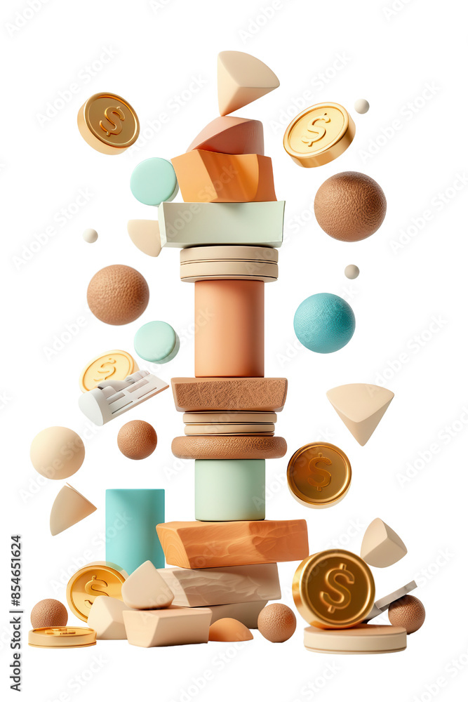 Abstract geometric shapes and coins stacked high, representing growth and success. isolated on a white background. Abstract geometric shapes and coins stacked high, representing growth and success. isolated on a white background.
