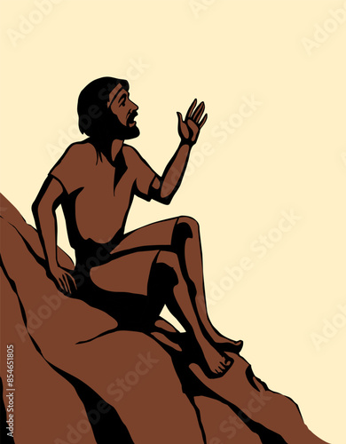 Vector drawing. Man sitting on the rock