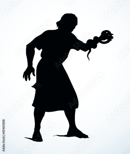 Vector drawing. A snake bit a man's hand