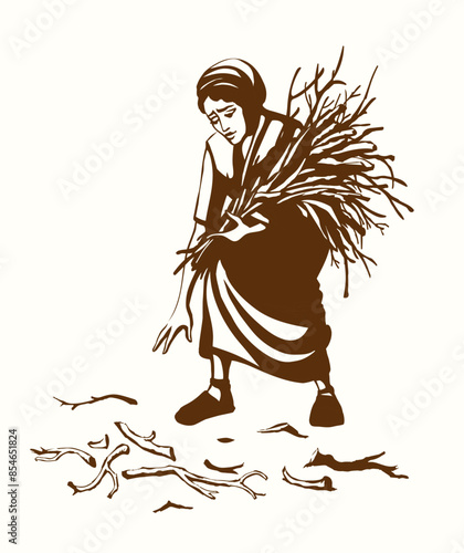 Vector drawing. Woman collecting firewood
