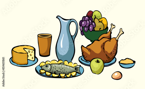 Vector drawing. Tasty feast food