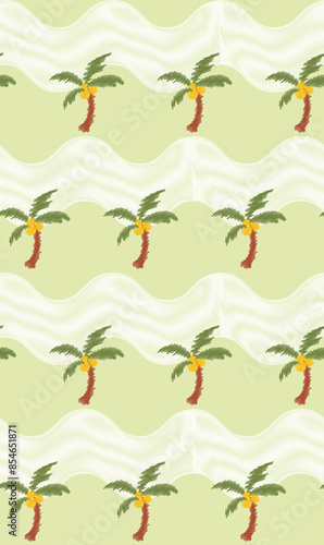 Wallpaper Mural Sketch Line Palm Tree With Wave illustration Vector Seamless Pattern On Lime Green Background Wallpaper Color,Summer Calling Pattern Print Relax Mood, Chilling Torontodigital.ca