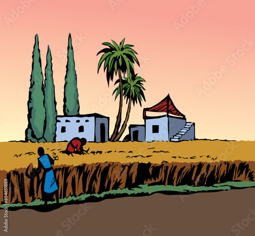 Vector drawing. Reapers in the field