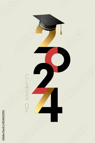 Class of 2024 typography logo design concept with graduation cap. Congratulations graduates template with academic hat. Vector illustration