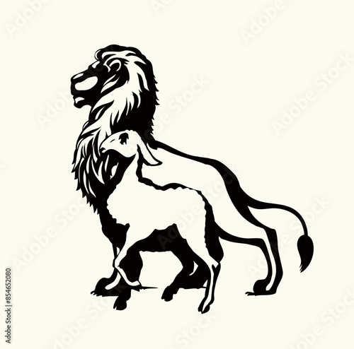 Vector drawing. Lion and lamb walks together
