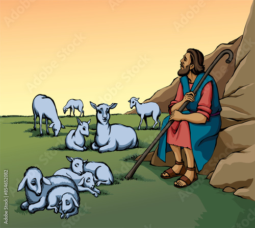 Vector drawing. Shepherd with sheep