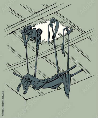 Vector drawing. The men dug up the roof to let the sick man in on a stretcher.