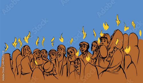 Vector drawing. Pentecost day. Many people came together for praying
