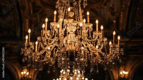 Crystal chandelier in dim room centered vertically photo