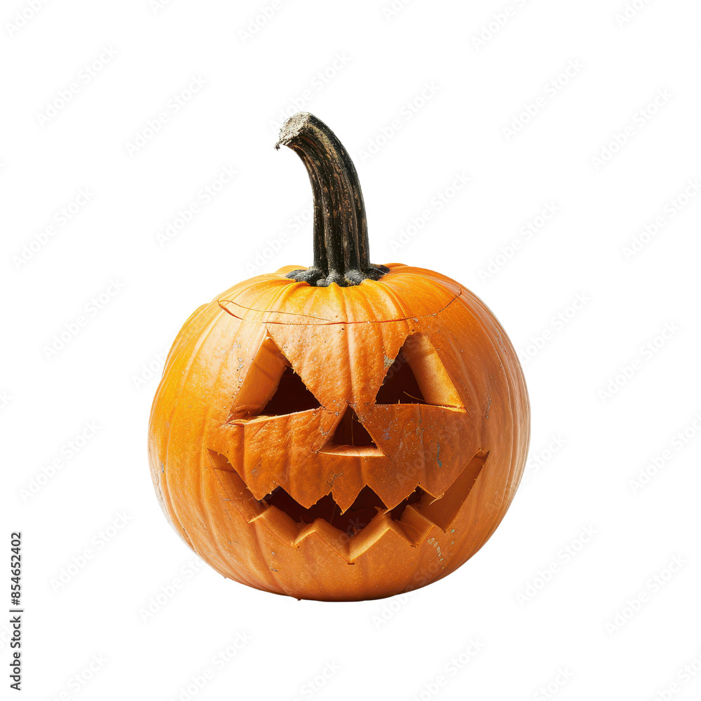 Obraz premium A carved pumpkin with a spooky face, perfect for Halloween decorations or festive designs. isolated on a white background.
